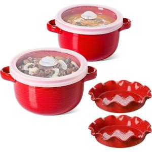 image:imageLE TAUCI 28 oz Soup Bowls with Handles and Silicone Lids Set of 2 and LE TAUCI 48 oz Ceramic Pie Pans for Baking Set of 2