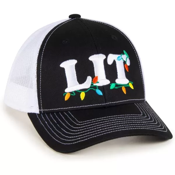 imageLIT Christmas Lights Embroidered Mesh Back Trucker Hat  Adjustable Snapback Black Christmas Party Baseball Cap for Men ampamp Women