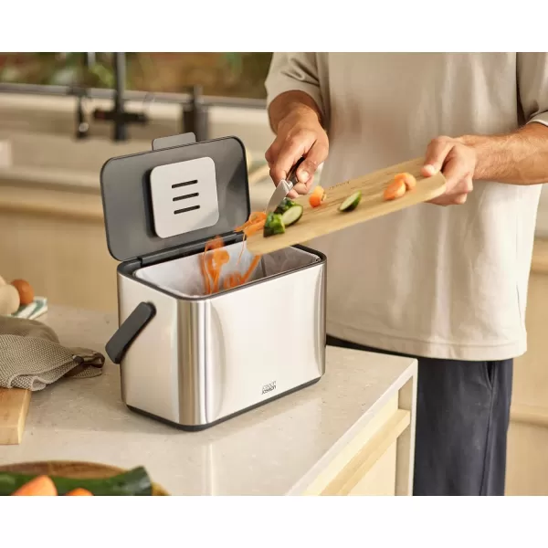 imageJoseph Joseph Collect 106 gallon4 Liters Stainless Steel Food Compost Bin with Handle Removable Inner Bucket and Bin Liners Storage Includes Odor Filter and 3x Bin Liners