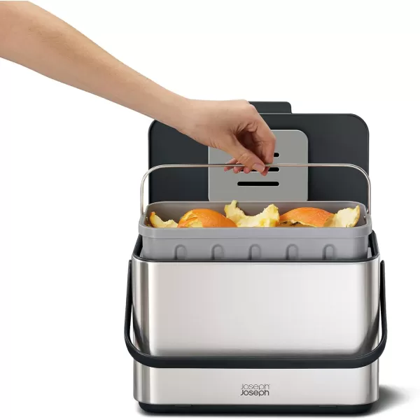 imageJoseph Joseph Collect 106 gallon4 Liters Stainless Steel Food Compost Bin with Handle Removable Inner Bucket and Bin Liners Storage Includes Odor Filter and 3x Bin Liners