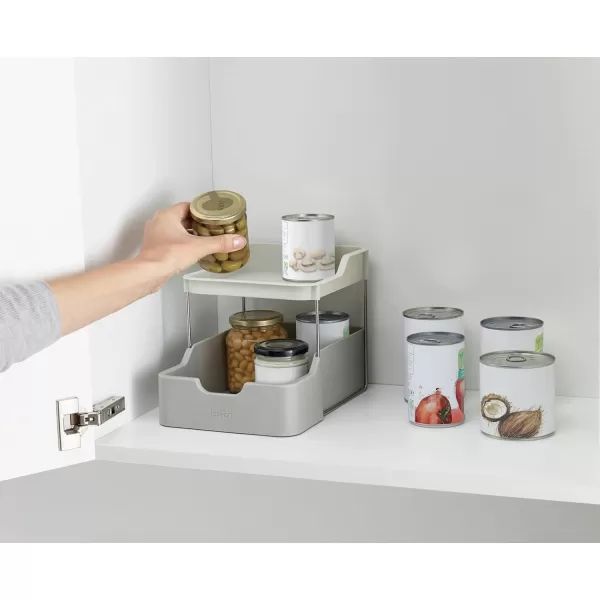 imageJoseph Joseph Duo 2tier Cupboard Organiser with Drawer Kitchen and Storage Organiser for Spices Packets and Cans GreyGrey