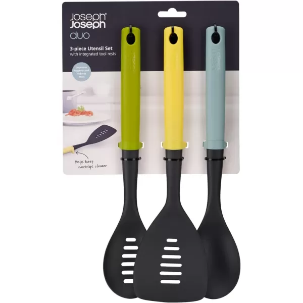 imageJoseph Joseph Duo 3Piece Utensil Set with Integrated Tool Rests ScratchFree Use on NonStick Cookware Includes Solid ampamp Slotted Spoons and Turner HeatResistant