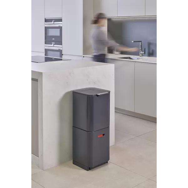 imageJoseph Joseph Totem Compact 40 liter105 Gallon Waste Separation and Recycling Kitchen Trash Can with odor filter and removable food waste caddy Stainless SteelGraphite