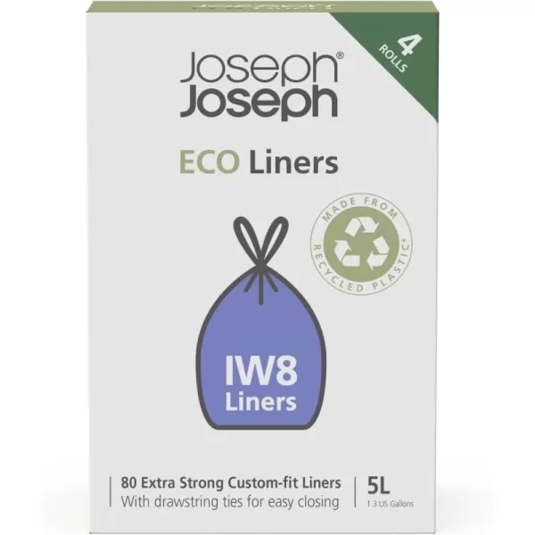 imageJoseph Joseph IW6 Eco Recycled plastic Bin Liners Kitchen Trash Bags With Tie Tape Drawstring Handles Extra Strong  4 Packs of 20 Total 80 Liners Holds 30 Litres79 Gallons Grey5 Lt 4pk