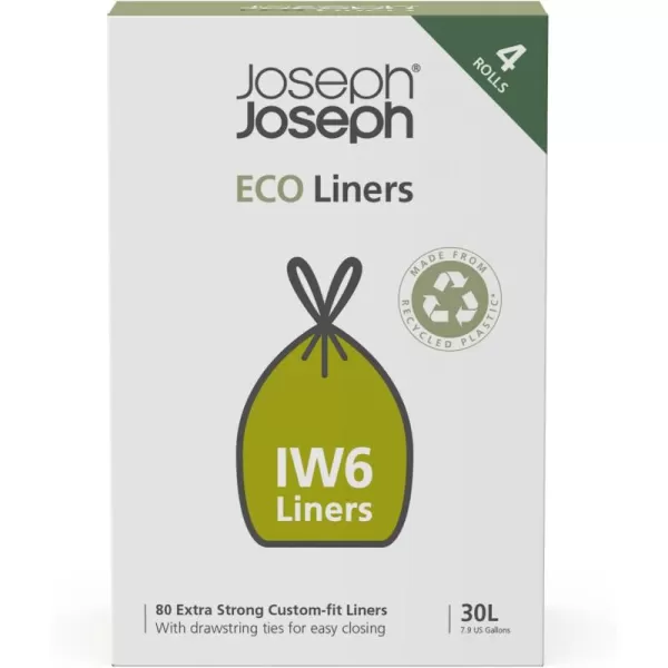 imageJoseph Joseph IW6 Eco Recycled plastic Bin Liners Kitchen Trash Bags With Tie Tape Drawstring Handles Extra Strong  4 Packs of 20 Total 80 Liners Holds 30 Litres79 Gallons Grey30 Lt 4pk