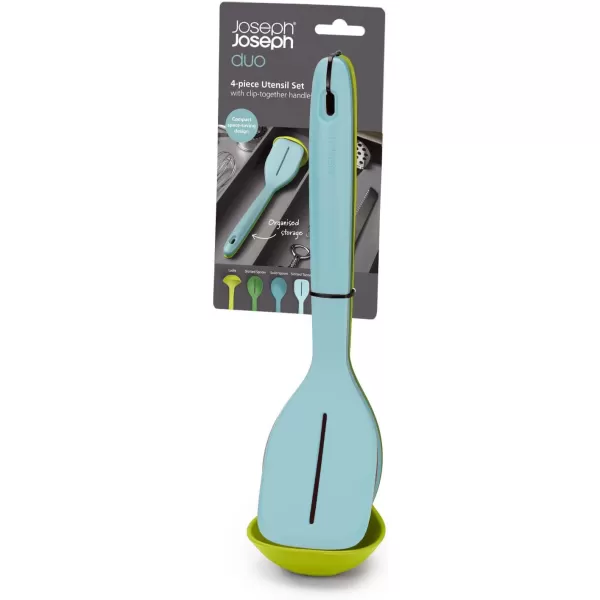 imageJoseph Joseph Duo 4Piece Utensil Set HeatResistant Set with Ladle Solid ampamp Slotted Spoons and Turner Handles Clip for Organized Storage Opal