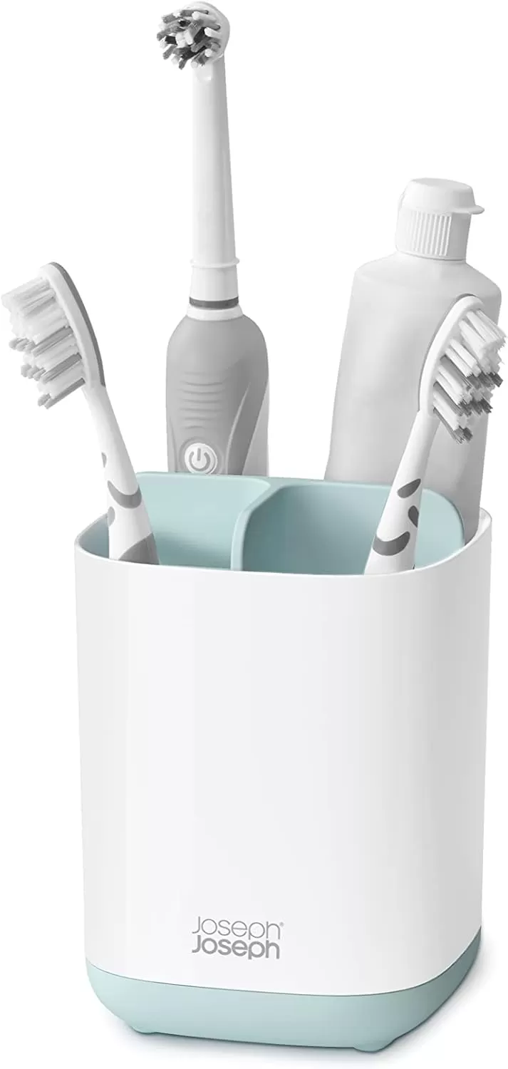 imageJoseph Joseph Bathroom Beauties 2Piece Bathroom Sink Set with Toothbrush Holder and Soap Pump Stainless SteelBlueWhite