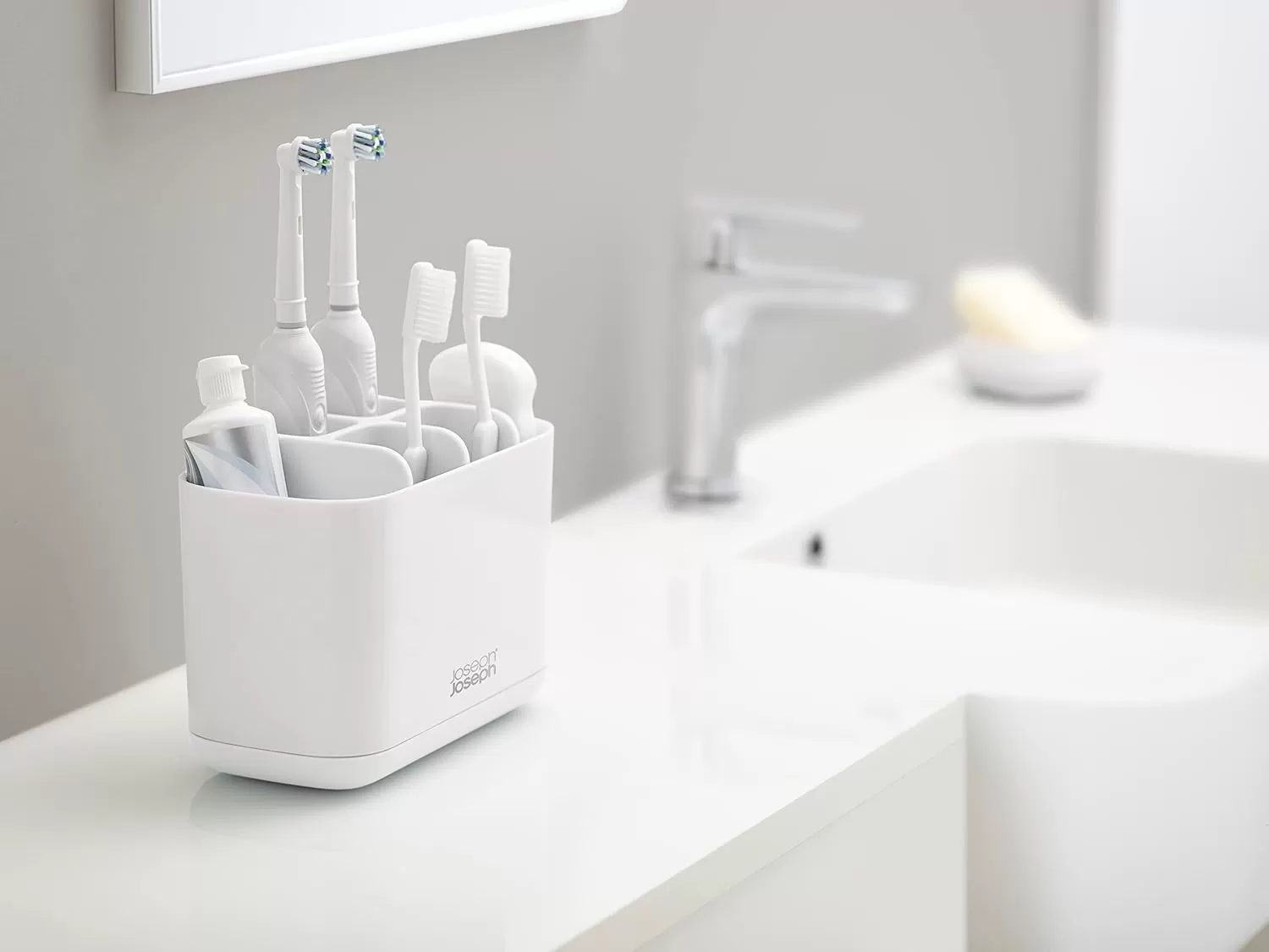 imageJoseph Joseph Bathroom Beauties 2Piece Bathroom Sink Set with Toothbrush Holder and Soap Pump Stainless SteelWhite