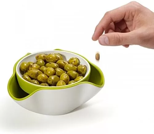 imageJoseph Joseph Double Dish Pistachio Bowl and Snack Serving Bowl Gray with Food Waste Compartment BPAFree  GrayGreenWhite