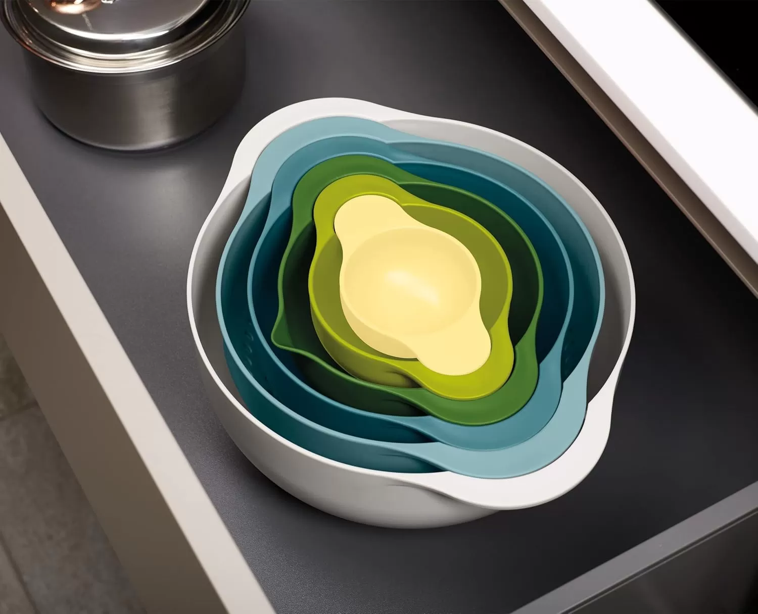 imageJoseph Joseph Duo 6Piece Compact Food Preparation Set with Mixing Bowls Measuring Cups and Colander Multicolour