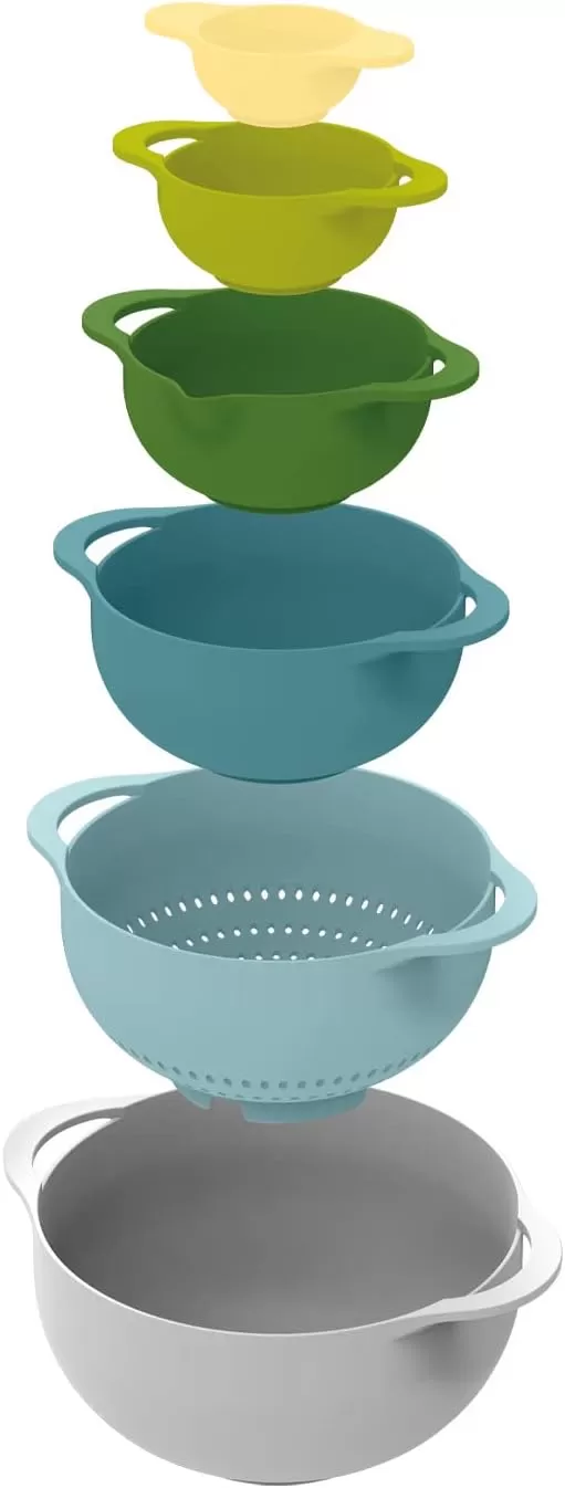 imageJoseph Joseph Duo 6Piece Compact Food Preparation Set with Mixing Bowls Measuring Cups and Colander Multicolour