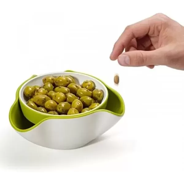 imageJoseph Joseph Double Dish Pistachio Bowl and Snack Serving Bowl Gray with Food Waste Compartment BPAFree  GrayGreenWhite