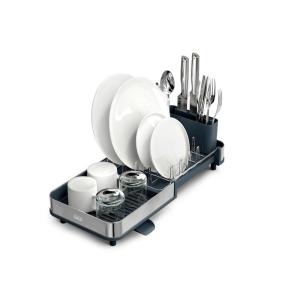 imageJoseph Joseph Extend Slim Steel Expandable Dish Drying Rack with Removable Cutlery Holder and Swivel Draining Spout Compact Design Grey