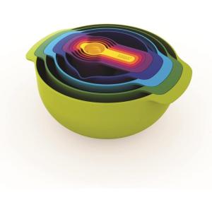 imageJoseph Joseph Nest 9 Plus 9 Piece Compact Food Preparation Set with Mixing Bowls Measuring cups Sieve and Colander Editions Range Sage GreenMulticolour
