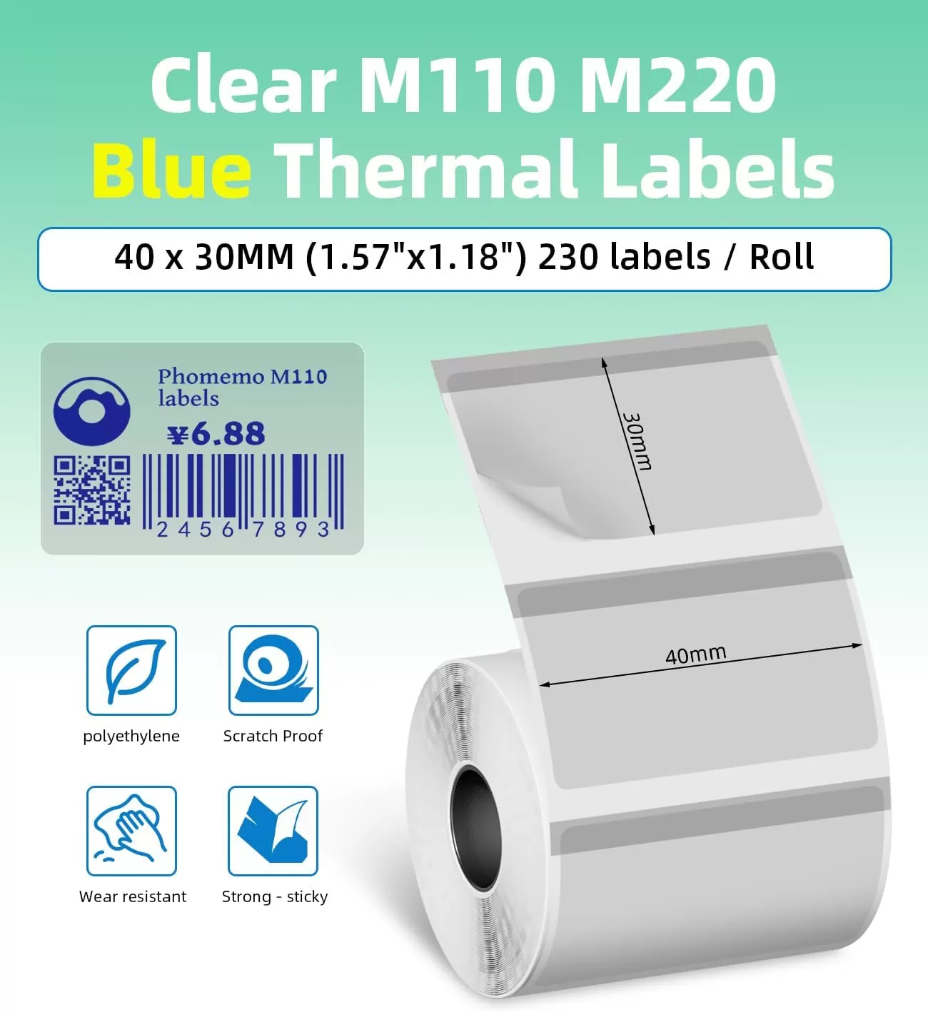 imageHD Original M110 M220 Clear Thermal Labels M110 Transparent Labels  157quotx118quot 40X30MM Compatible with Phomemo M110 M220 M221M150 M250 M260 Label Maker 230PCS Printed in GreenBlue