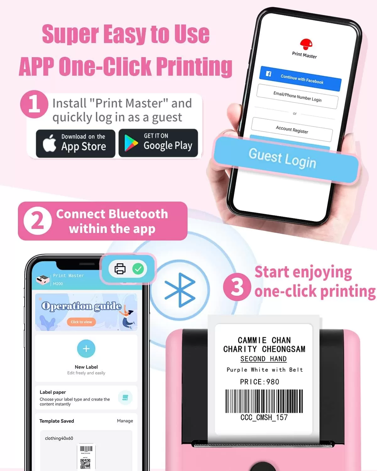 imageMemoking Bluetooth Label Maker Machine with Tape Wide Waterproof Label Versatile App with 40 Fonts and 450 Icons Inkless Labeler for Home School Office Organization Kitchen Pinkpink