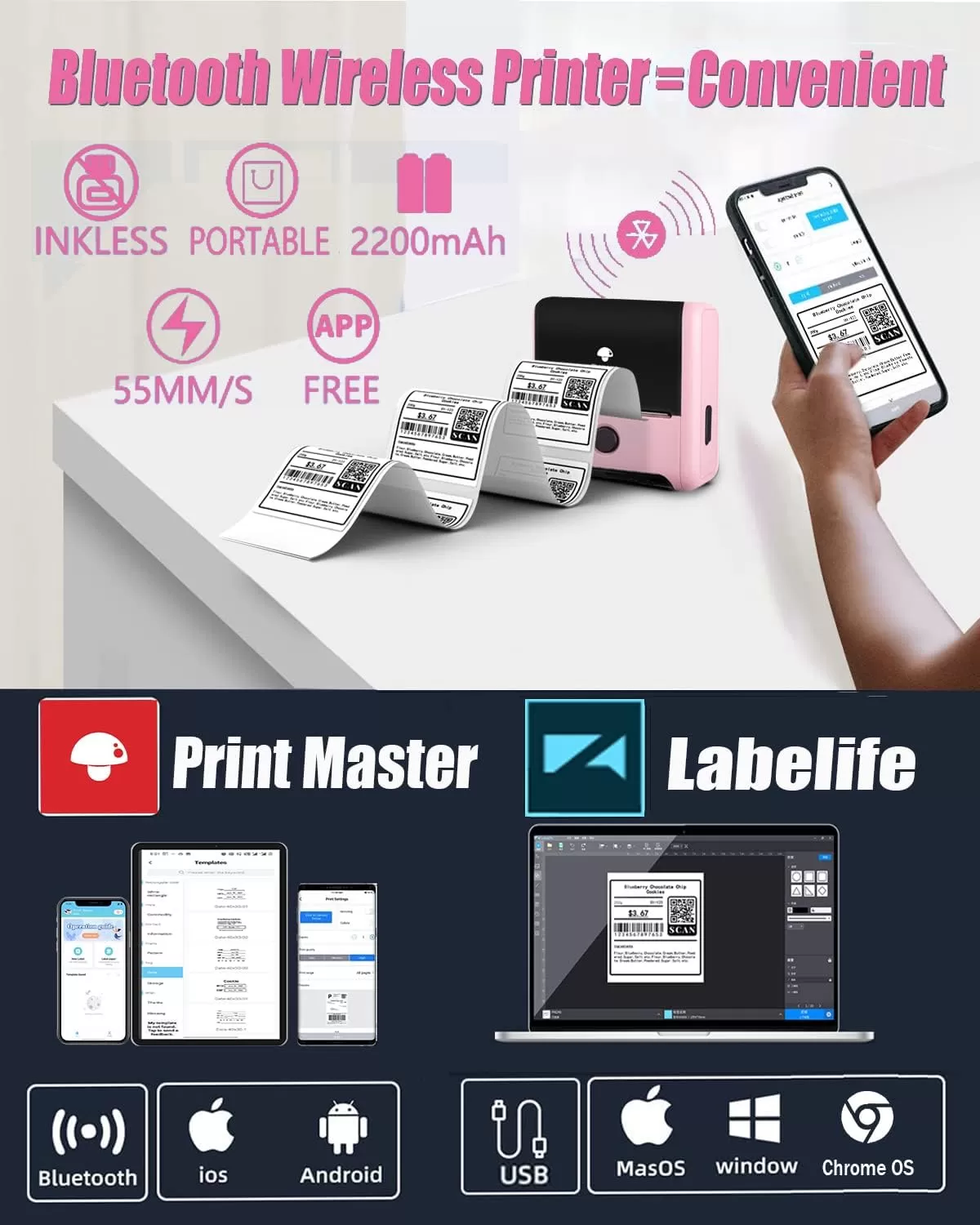 imageMemoking Bluetooth Label Maker Machine with Tape Wide Waterproof Label Versatile App with 40 Fonts and 450 Icons Inkless Labeler for Home School Office Organization Kitchen Pinkpink