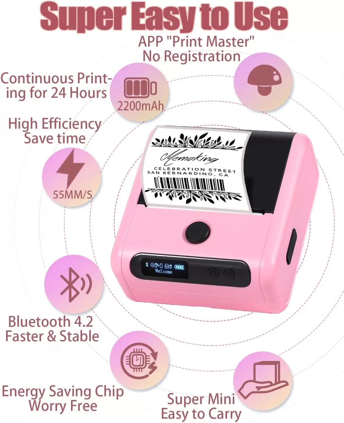imageMemoking Bluetooth Label Maker Machine with Tape Wide Waterproof Label Versatile App with 40 Fonts and 450 Icons Inkless Labeler for Home School Office Organization Kitchen Pinkpink