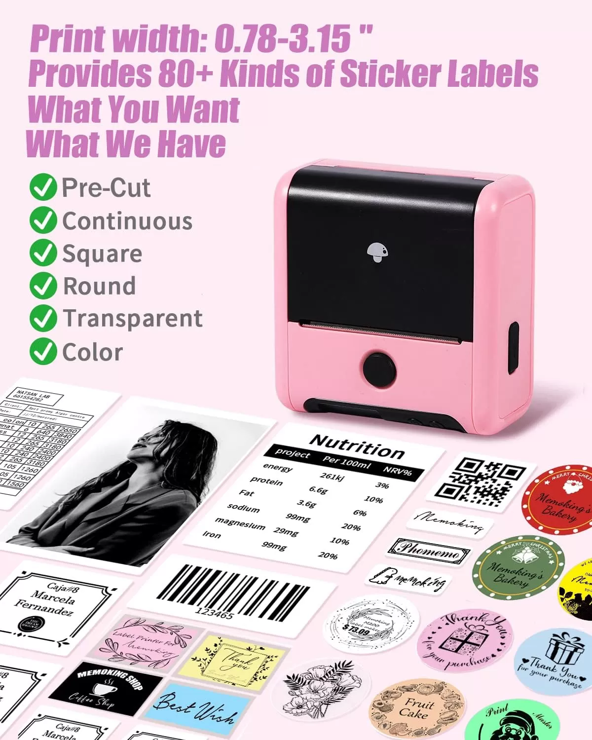 imageMemoking Bluetooth Label Maker Machine with Tape Wide Waterproof Label Versatile App with 40 Fonts and 450 Icons Inkless Labeler for Home School Office Organization Kitchen Pinkpink