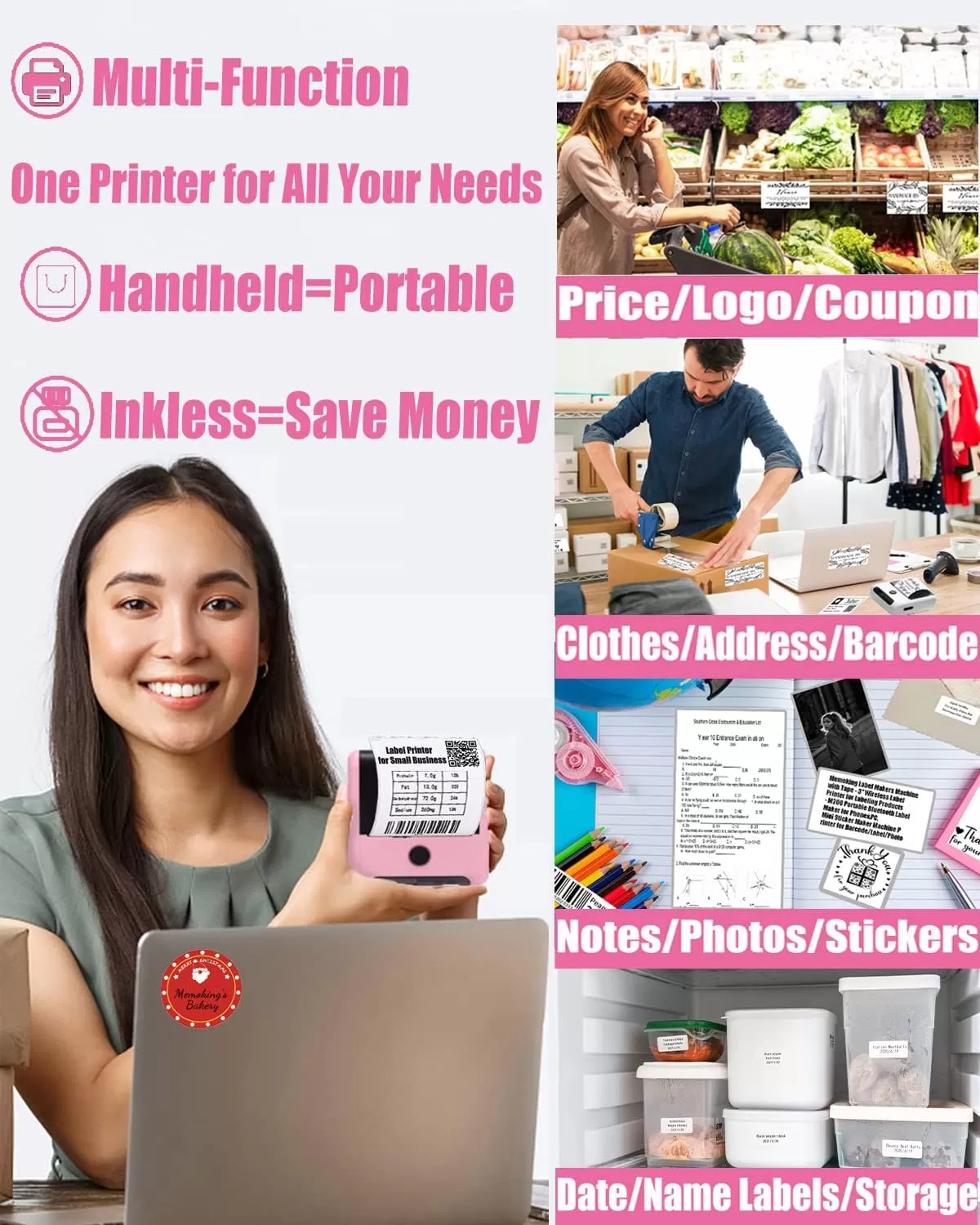 imageMemoking Bluetooth Label Maker Machine with Tape Wide Waterproof Label Versatile App with 40 Fonts and 450 Icons Inkless Labeler for Home School Office Organization Kitchen Pinkpink