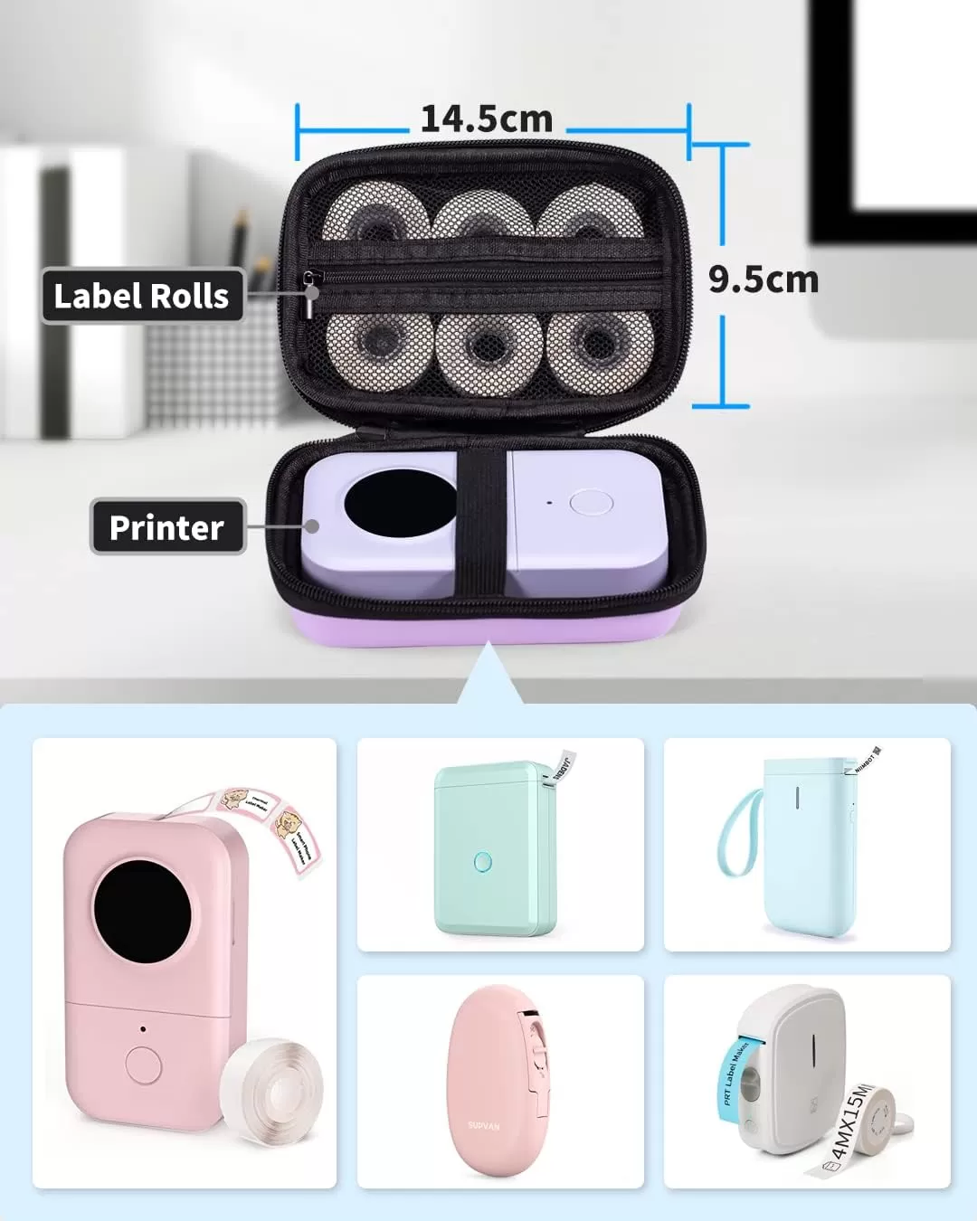 imageMemoking Hard Storage Case  Compatible T02 Phomemo D30 SUPVAN E10 NIIMBOT D11 JADENS D110 and More with Zipper Mesh Pocket Waterproof Durable Shockproof Case Purple Only Case