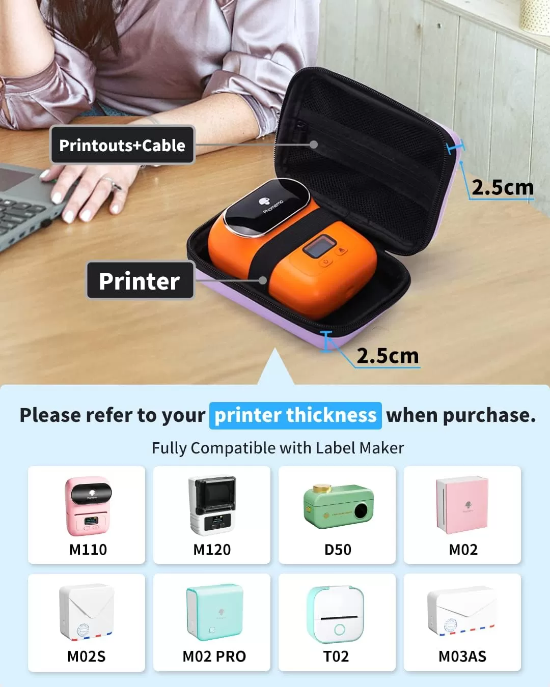 imageMemoking Hard Storage Case  Compatible T02 Phomemo D30 SUPVAN E10 NIIMBOT D11 JADENS D110 and More with Zipper Mesh Pocket Waterproof Durable Shockproof Case Purple Only Case