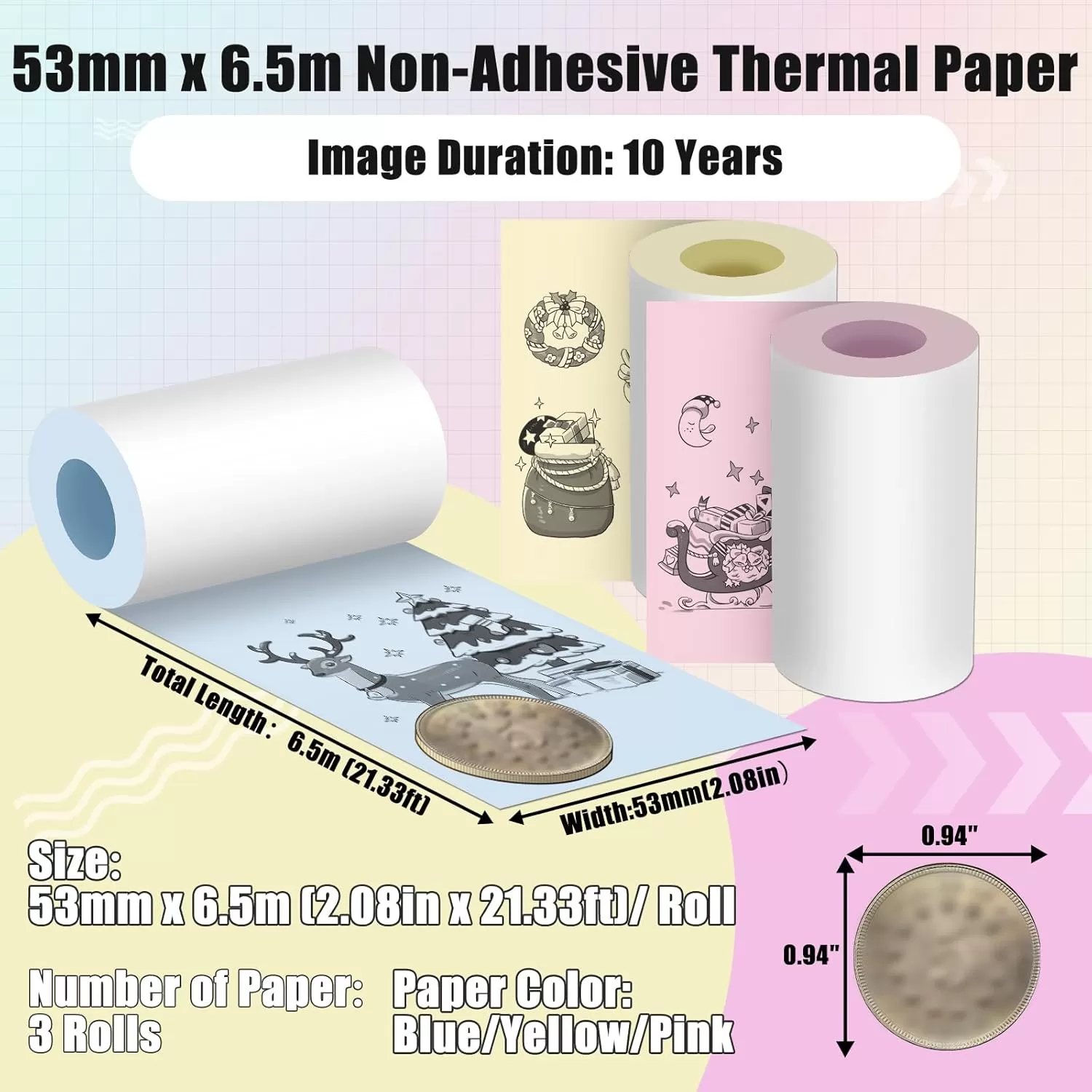 imageMemoking M02 Thermal Printer Paper  Compatible with Phomemo M02PRO M02D M02S M03 M03AS M04S M02 Printer  YellowPinkBlue Thermal Labels 53mm x 65m  208in x 2132ft 3 Rolls