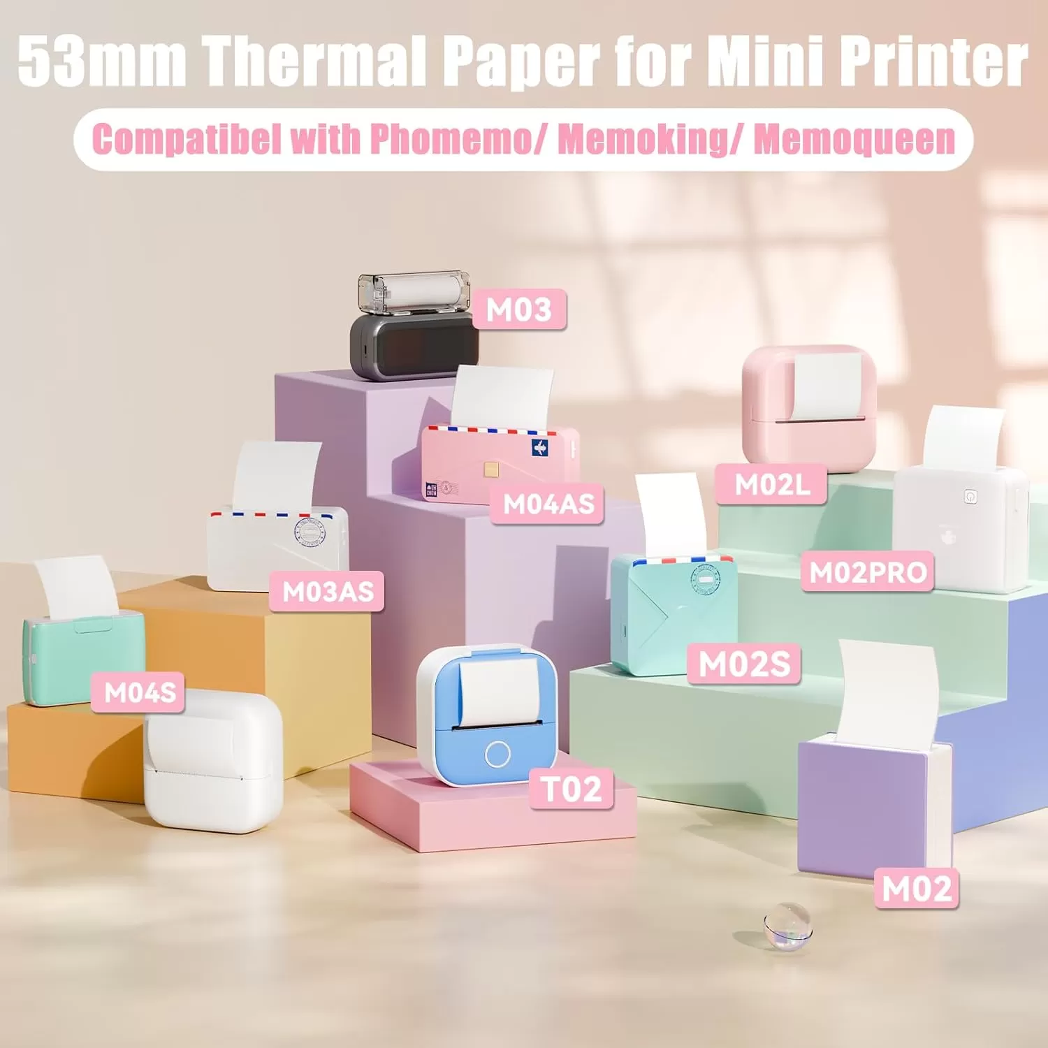 imageMemoking M02 Thermal Printer Paper  Compatible with Phomemo M02PRO M02D M02S M03 M03AS M04S M02 Printer  YellowPinkBlue Thermal Labels 53mm x 65m  208in x 2132ft 3 Rolls