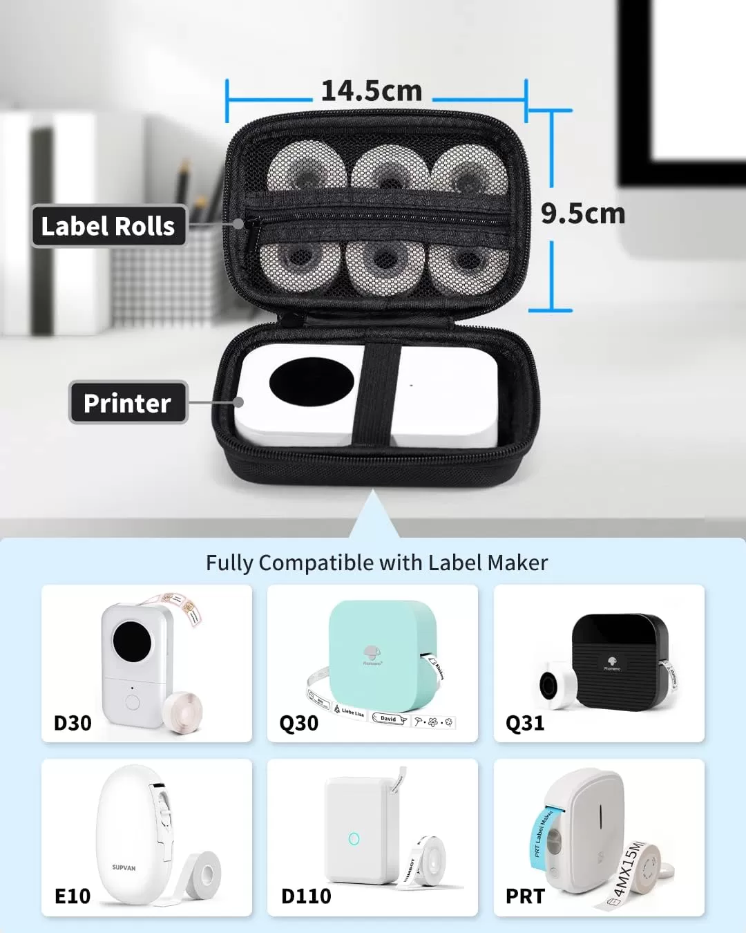 imageMemoking Storage Case  Compatible with Phomemo T02 D30 SUPVAN E10 NIIMBOT D11 JADENS D110 and More with Zipper Mesh Pocket Waterproof Durable Shockproof Hard Case Black Only Case
