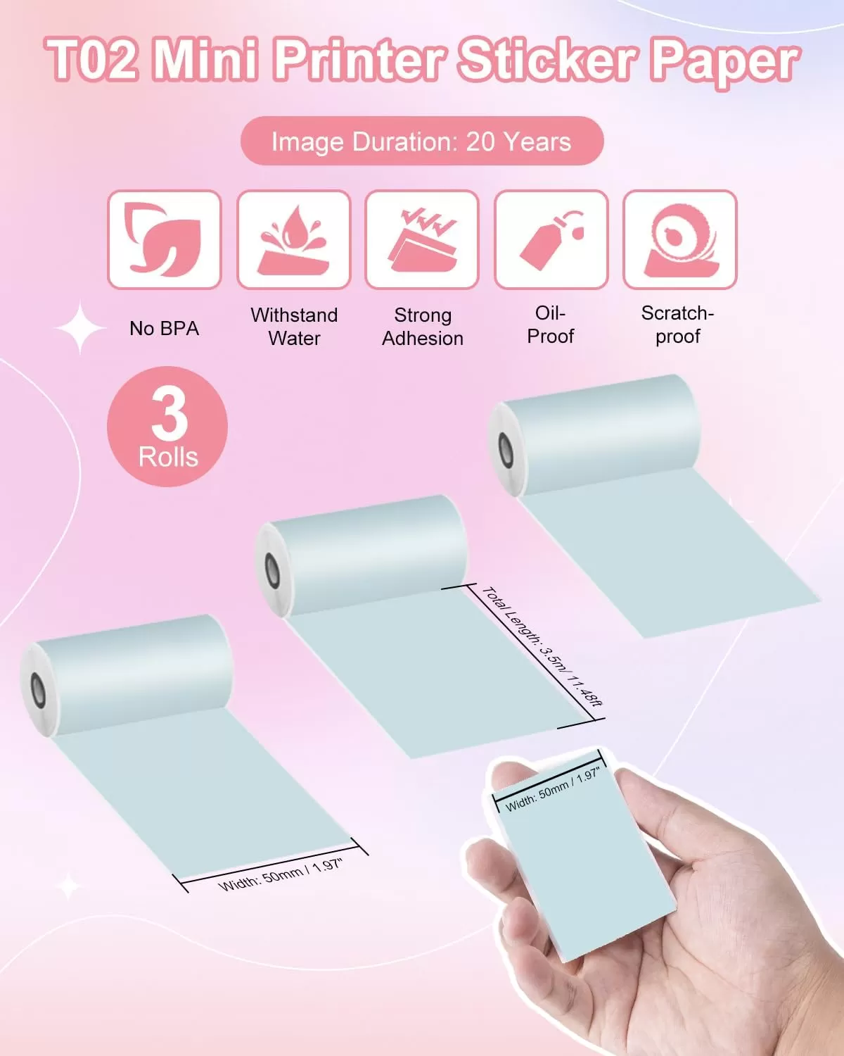 imageMemoking T02  M02X  M02L Sticker Paper  Light Green Sticky T02 Mini Printer Sticker Paper Refill 50 mm x 35 m Keep for 20 yrs for Journal Photo Study Notes 3 Rolls