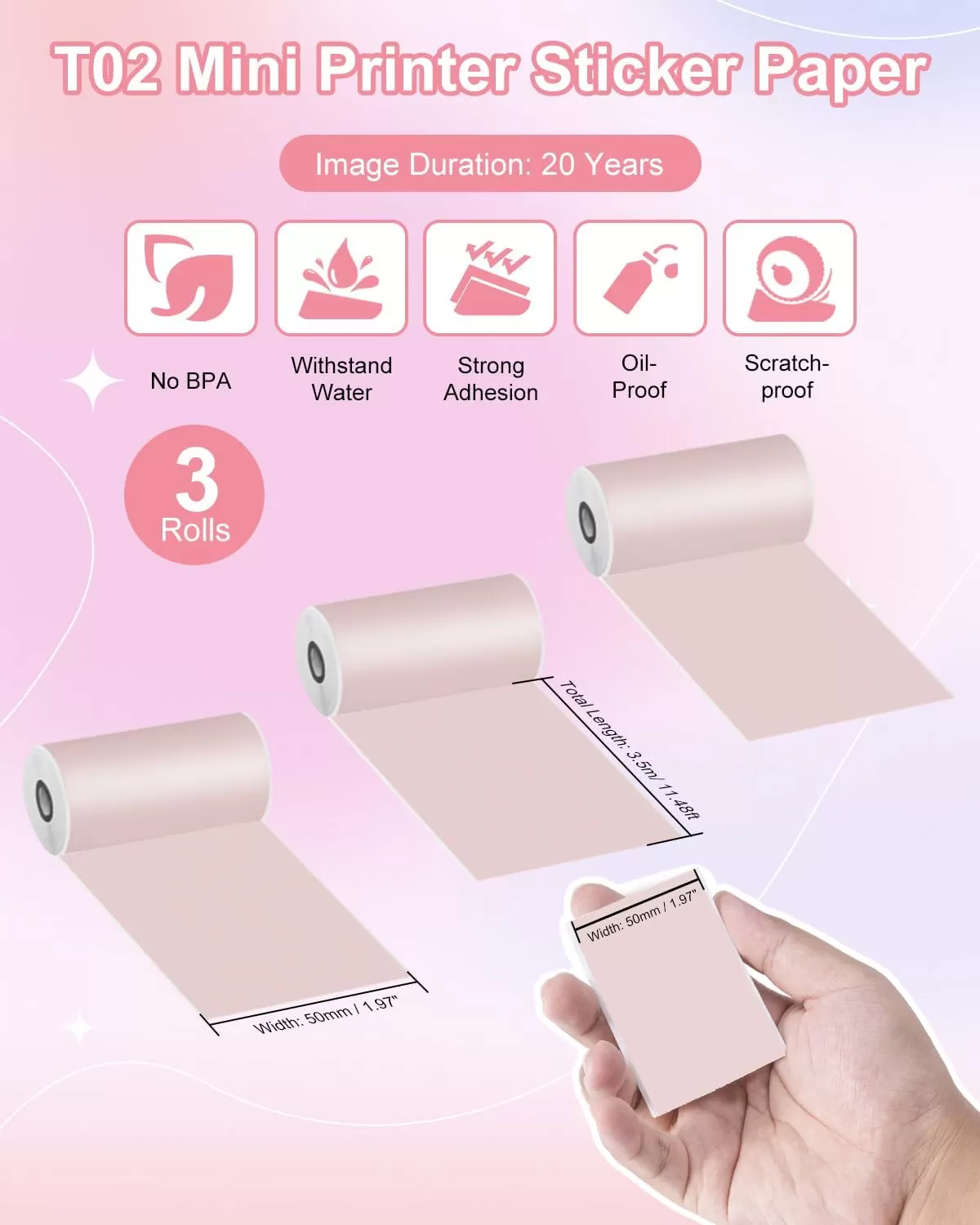 imageMemoking T02  M02X  M02L Sticker Paper  Pink Sticky T02 Mini Printer Sticker Paper Refill 50 mm x 35 m Keep for 20 yrs for Journal Photo Study Notes 3 Rolls