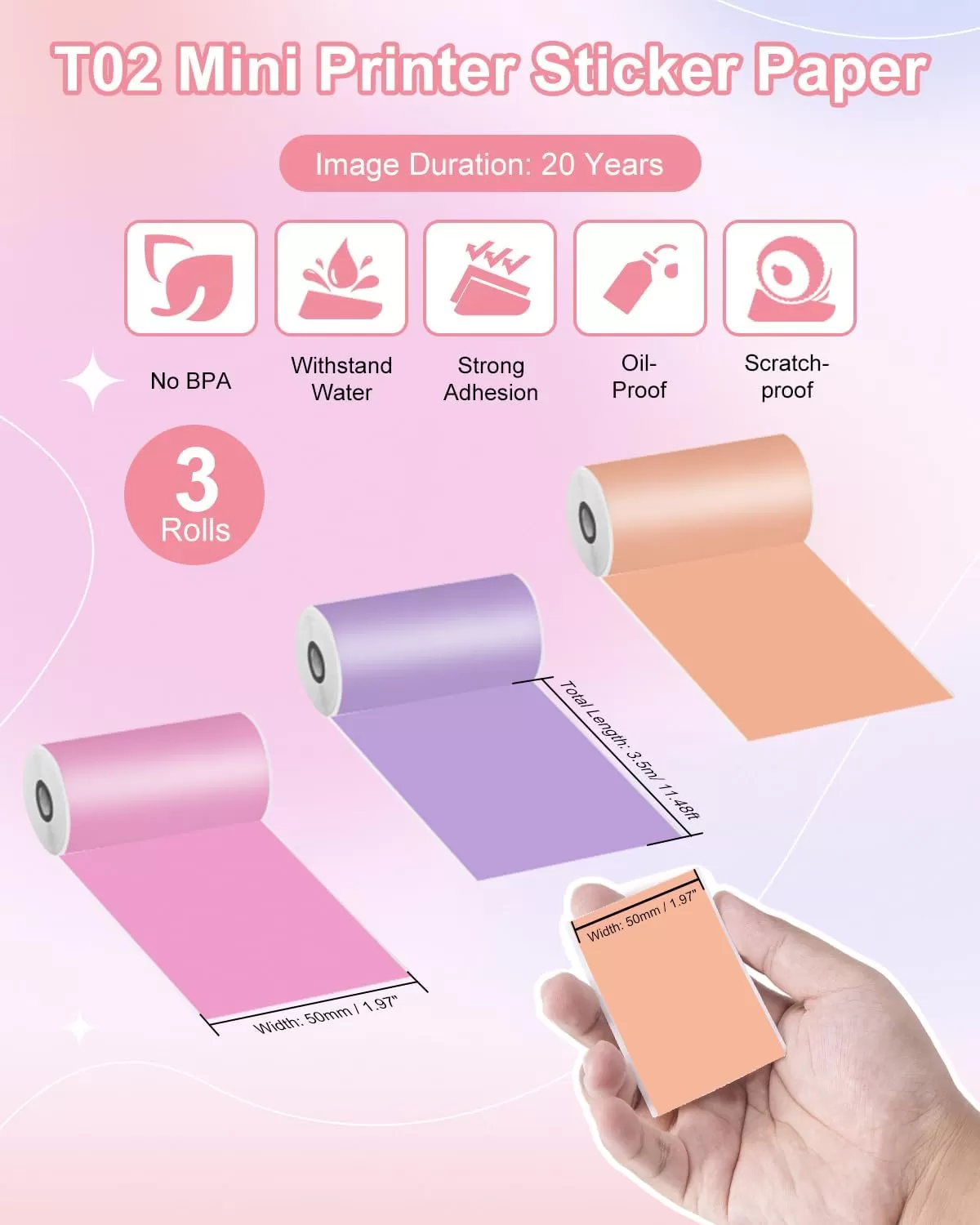 imageMemoking T02  M02X  M02L Sticker Paper  PurpleRose RedOrange Sticky T02 Mini Printer Sticker Paper Refill 50 mm x 35 m Keep for 20 yrs for Journal Photo Study Notes 3 Rolls