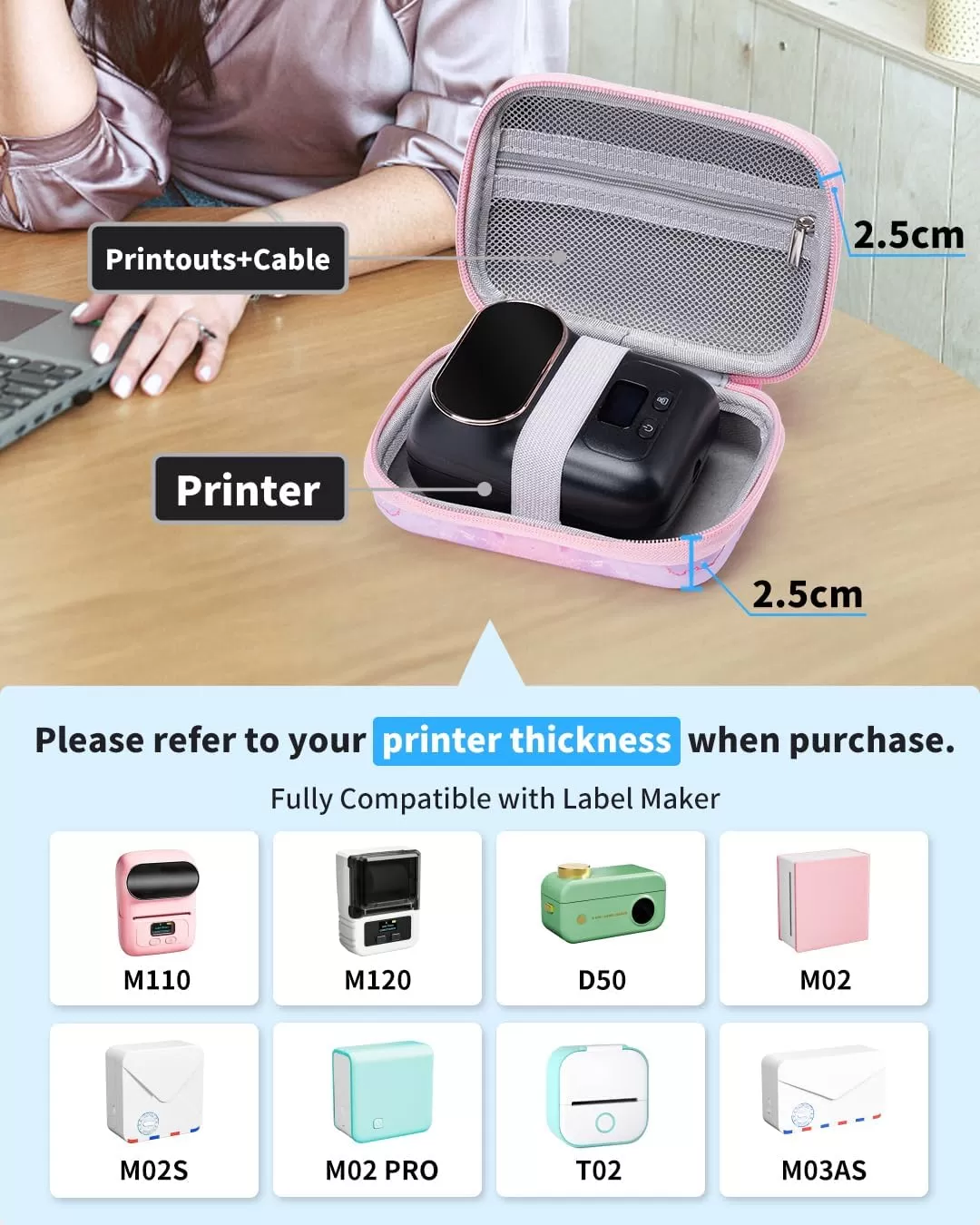 imageMemoking T02 Hard Storage Case  Compatible with Phomemo D30 SUPVAN E10 NIIMBOT D11 JADENS D110 and More with Zipper Mesh Pocket Waterproof Shockproof Case Gradient Pink Only CasePink