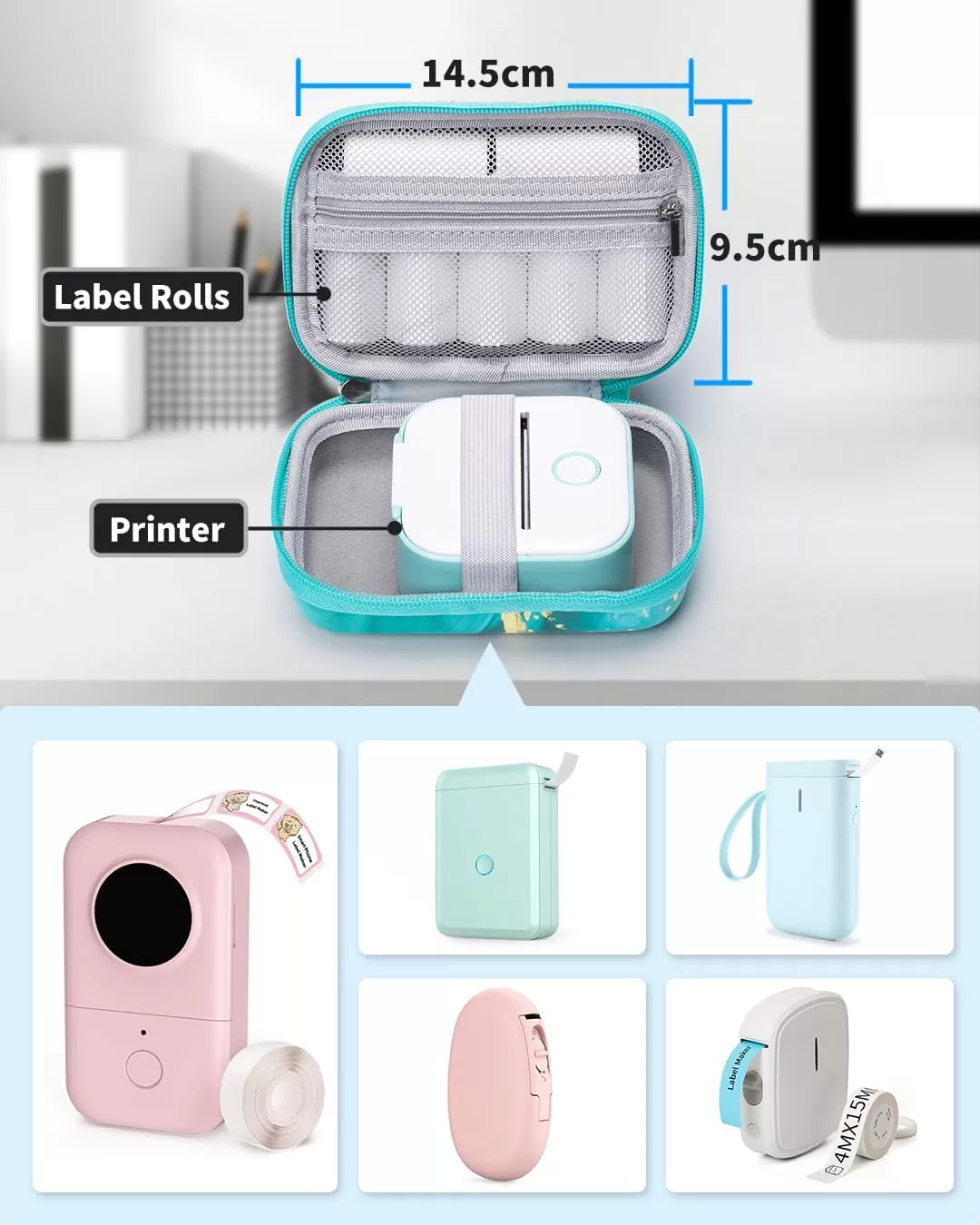 imageMemoking T02 Hard Storage Case  Compatible with Phomemo D30 SUPVAN E10 NIIMBOT D11 JADENS D110 and More with Zipper Mesh Pocket Waterproof Shockproof Case Gradient Pink Only CaseGreen