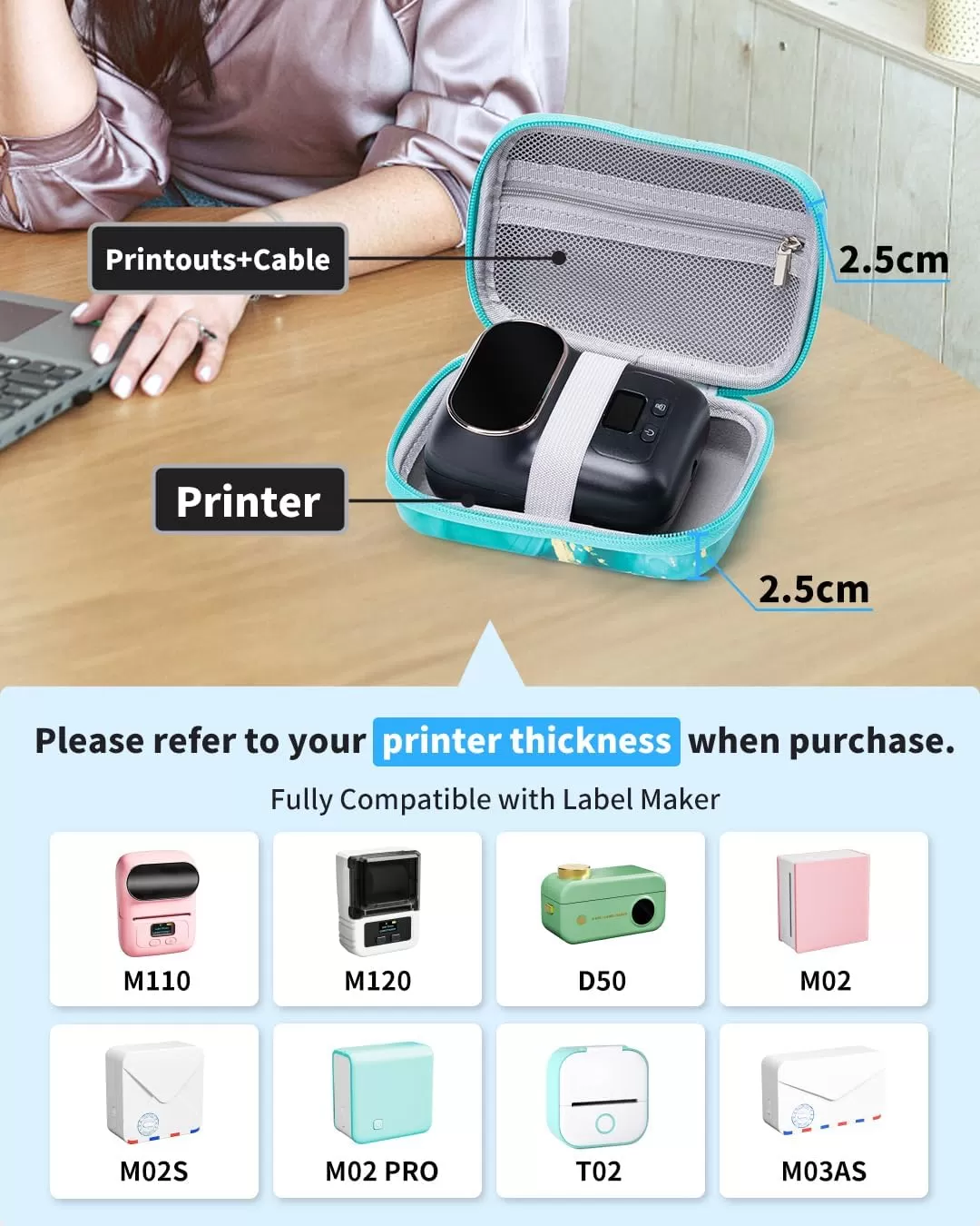 imageMemoking T02 Hard Storage Case  Compatible with Phomemo D30 SUPVAN E10 NIIMBOT D11 JADENS D110 and More with Zipper Mesh Pocket Waterproof Shockproof Case Gradient Pink Only CaseGreen