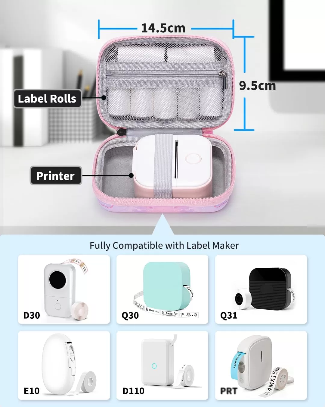imageMemoking T02 Hard Storage Case  Compatible with Phomemo D30 SUPVAN E10 NIIMBOT D11 JADENS D110 and More with Zipper Mesh Pocket Waterproof Shockproof Case Gradient Pink Only CasePink