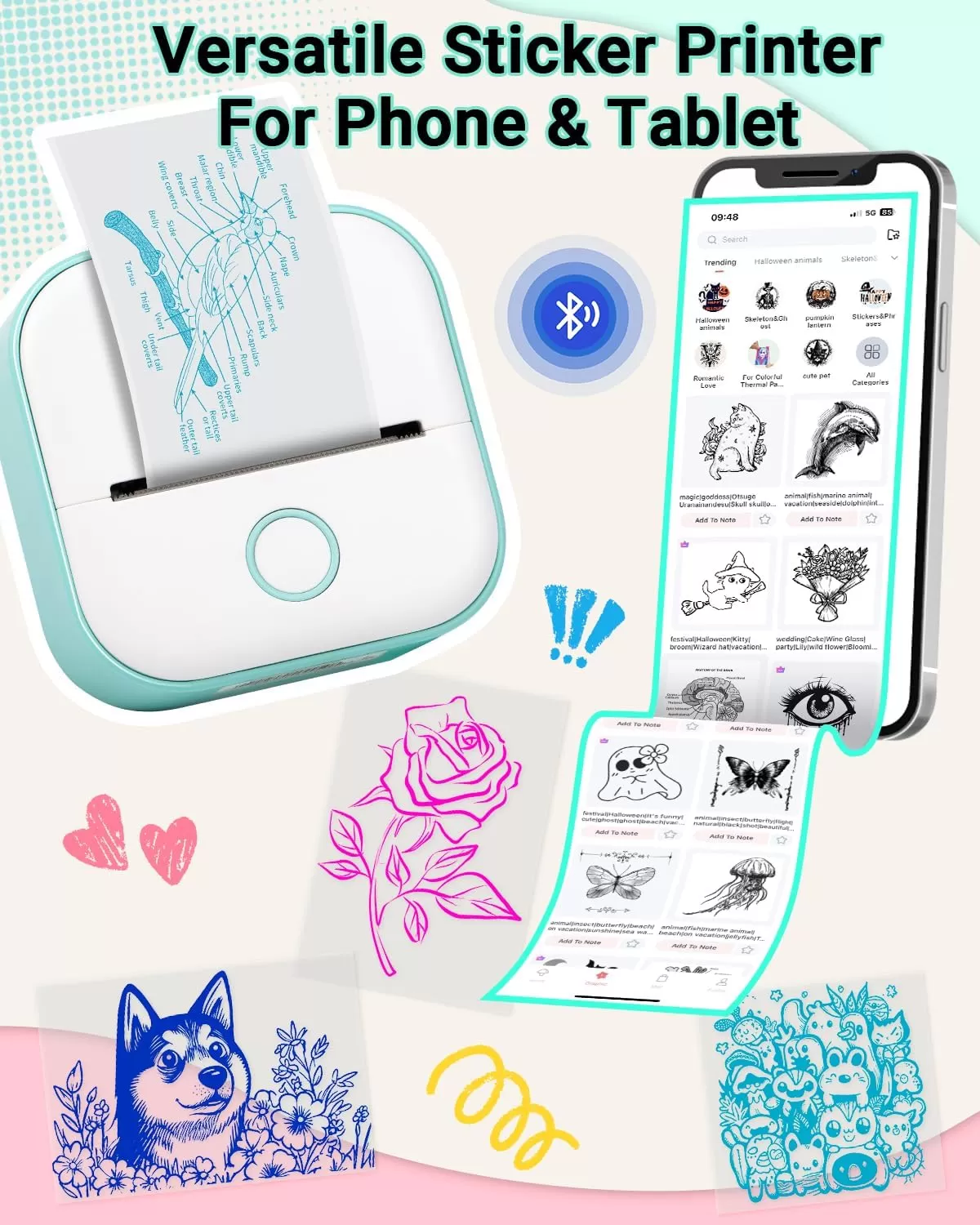 imagePrint Pods Mini Printer  T02 Sticker Printer Portable Thermal Printer Inkless Printer Sticker Maker Machine Pocket Printer Phone Printer for Study Graphic Anatomical Diagram Photo Green