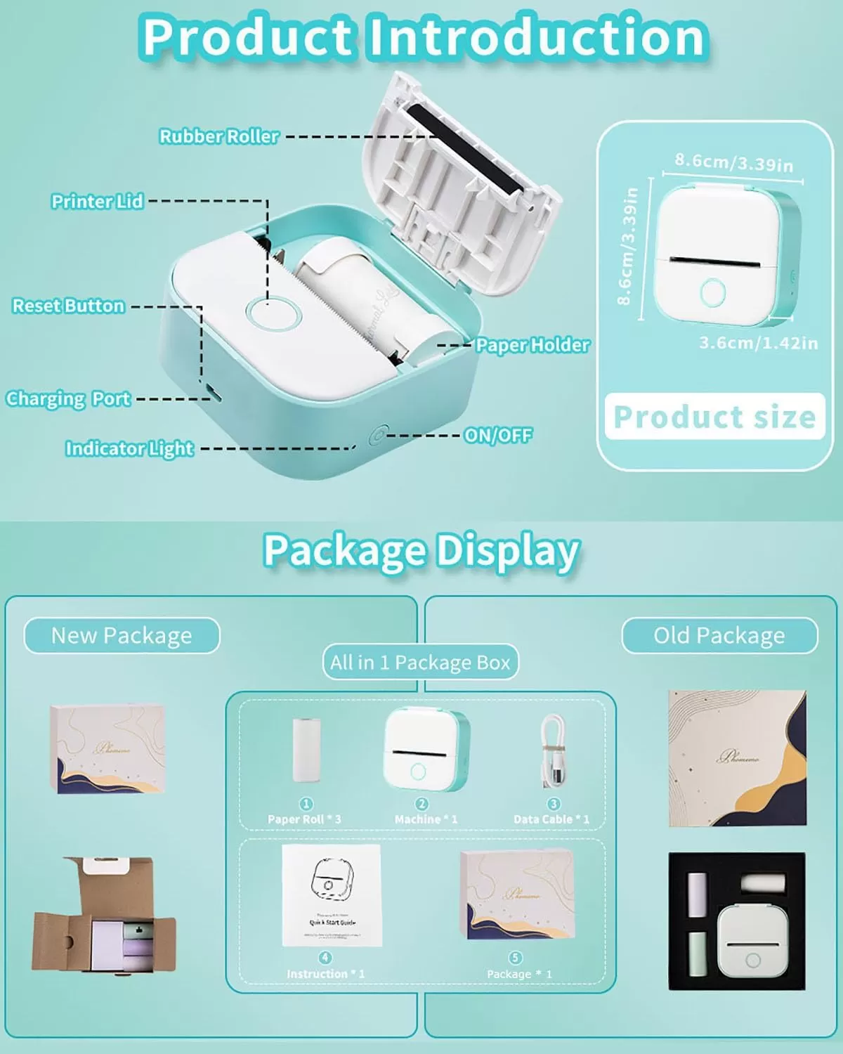 imagePrint Pods Mini Printer  T02 Sticker Printer Portable Thermal Printer Inkless Printer Sticker Maker Machine Pocket Printer Phone Printer for Study Graphic Anatomical Diagram Photo Green