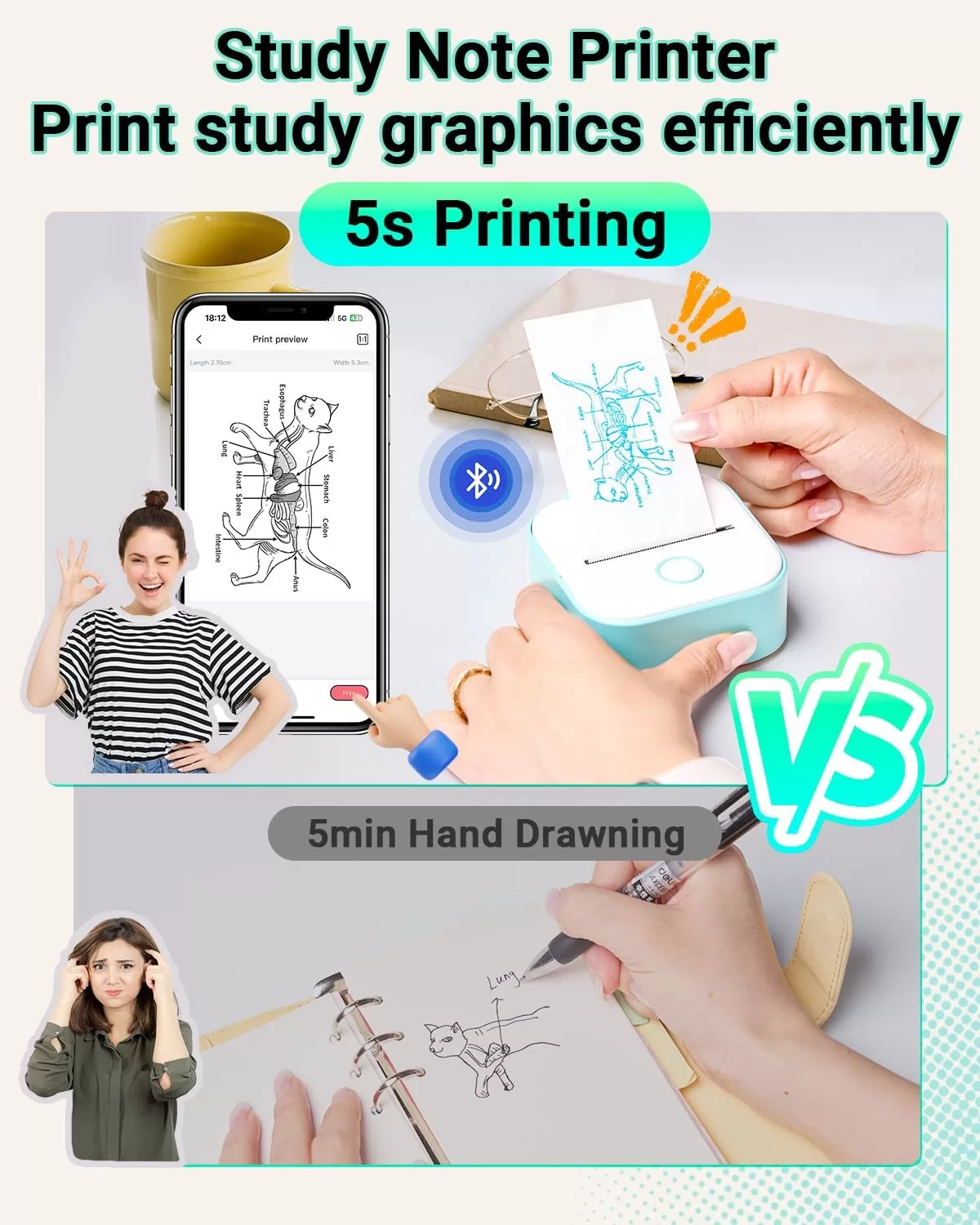 imagePrint Pods Mini Printer  T02 Sticker Printer Portable Thermal Printer Inkless Printer Sticker Maker Machine Pocket Printer Phone Printer for Study Graphic Anatomical Diagram Photo Green