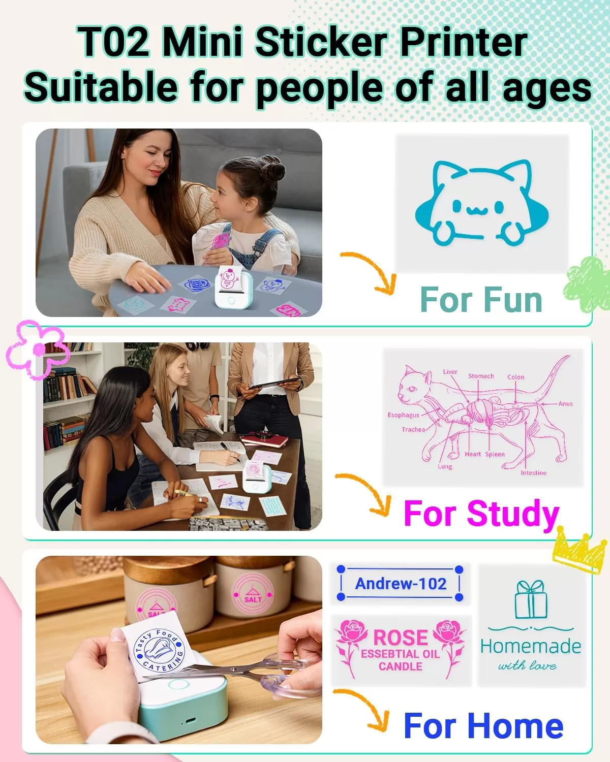 imagePrint Pods Mini Printer  T02 Sticker Printer Portable Thermal Printer Inkless Printer Sticker Maker Machine Pocket Printer Phone Printer for Study Graphic Anatomical Diagram Photo Green
