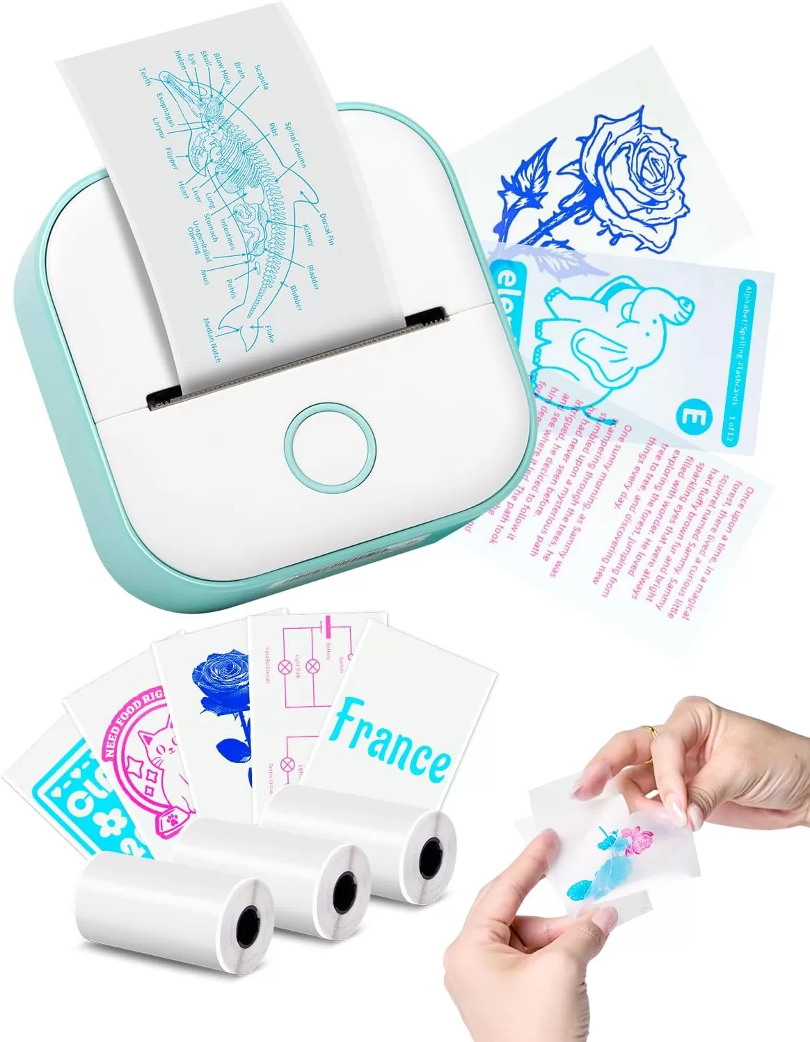 imagePrint Pods Mini Printer  T02 Sticker Printer Portable Thermal Printer Inkless Printer Sticker Maker Machine Pocket Printer Phone Printer for Study Graphic Anatomical Diagram Photo Green