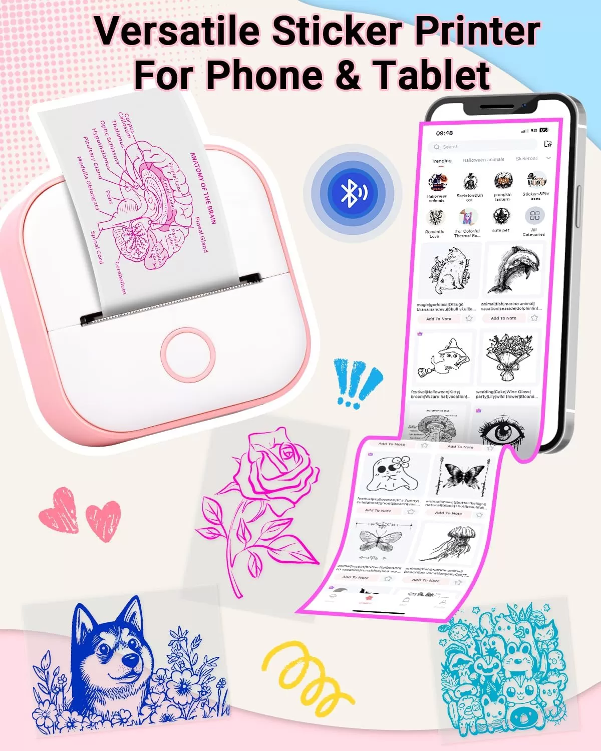 imageT02 Mini Printer  Print Pods Sticker Printer Portable Thermal Printer Inkless Printer Sticker Maker Machine Label Makers Pocket Printer for Study Graphics Anatomical Diagrams Photos Pink