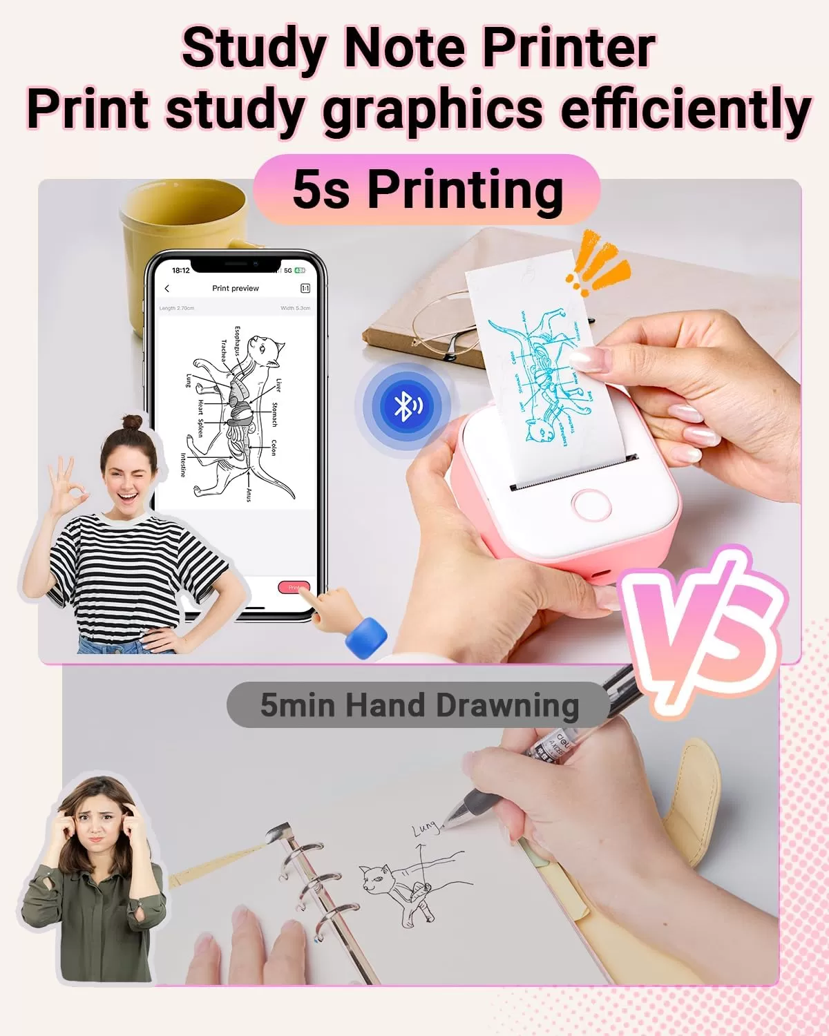 imageT02 Mini Printer  Print Pods Sticker Printer Portable Thermal Printer Inkless Printer Sticker Maker Machine Label Makers Pocket Printer for Study Graphics Anatomical Diagrams Photos Pink