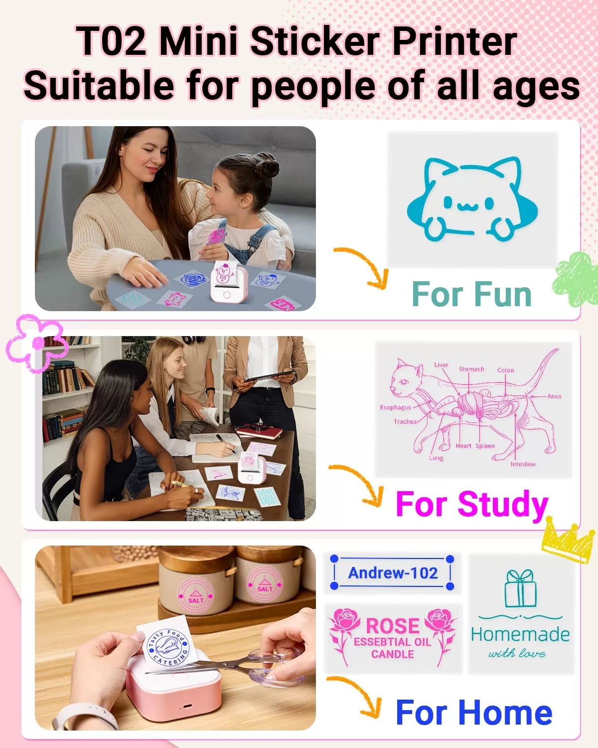 imageT02 Mini Printer  Print Pods Sticker Printer Portable Thermal Printer Inkless Printer Sticker Maker Machine Label Makers Pocket Printer for Study Graphics Anatomical Diagrams Photos Pink