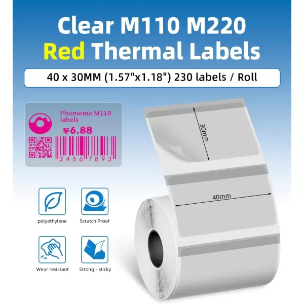imageHD Original M110 M220 Clear Thermal Labels M110 Transparent Labels  157quotx118quot 40X30MM Compatible with Phomemo M110 M220 M221M150 M250 M260 Label Maker 230PCS Printed in GreenRed