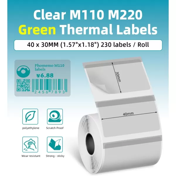 imageHD Original M110 M220 Clear Thermal Labels M110 Transparent Labels  157quotx118quot 40X30MM Compatible with Phomemo M110 M220 M221M150 M250 M260 Label Maker 230PCS Printed in GreenGreen