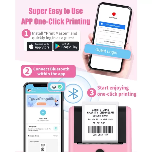 imageMemoking Bluetooth Label Maker Machine with Tape Wide Waterproof Label Versatile App with 40 Fonts and 450 Icons Inkless Labeler for Home School Office Organization Kitchen Pinkpink