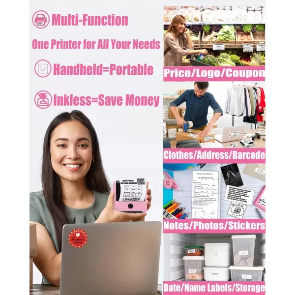imageMemoking Bluetooth Label Maker Machine with Tape Wide Waterproof Label Versatile App with 40 Fonts and 450 Icons Inkless Labeler for Home School Office Organization Kitchen Pinkpink