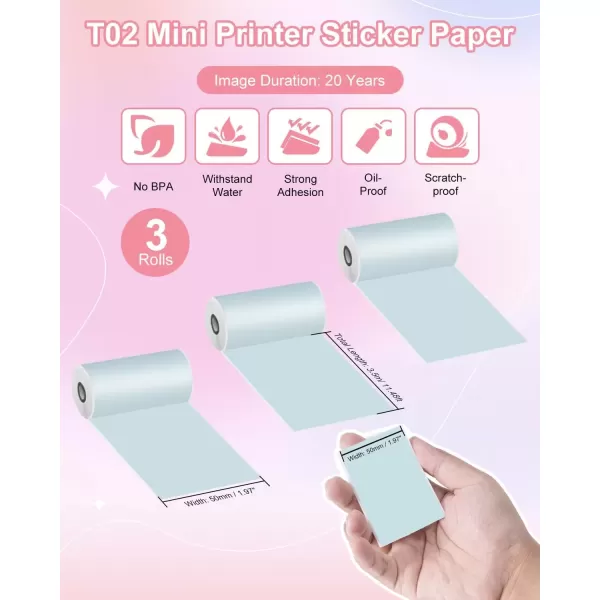 imageMemoking T02  M02X  M02L Sticker Paper  Light Green Sticky T02 Mini Printer Sticker Paper Refill 50 mm x 35 m Keep for 20 yrs for Journal Photo Study Notes 3 Rolls