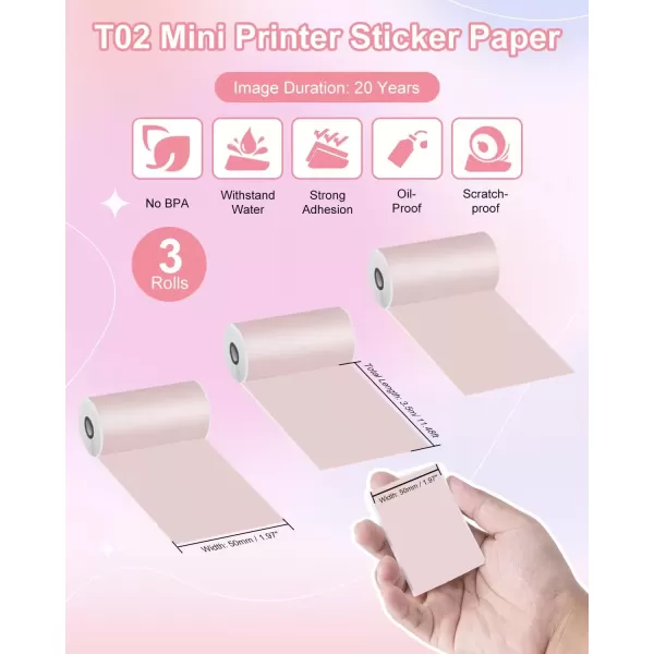 imageMemoking T02  M02X  M02L Sticker Paper  Pink Sticky T02 Mini Printer Sticker Paper Refill 50 mm x 35 m Keep for 20 yrs for Journal Photo Study Notes 3 Rolls